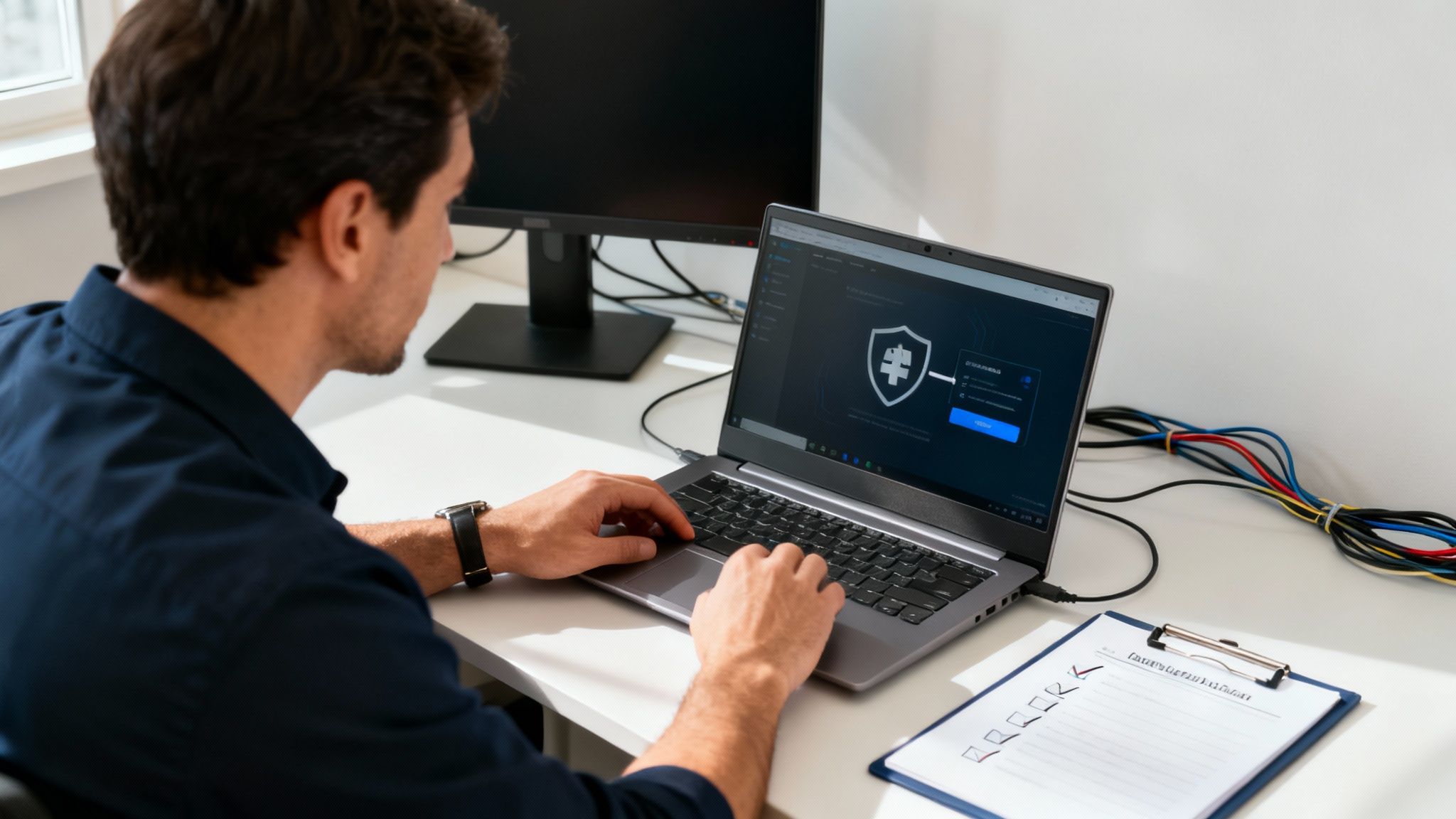 A man works on a laptop, displaying a cybersecurity interface with a shield icon and login prompt.