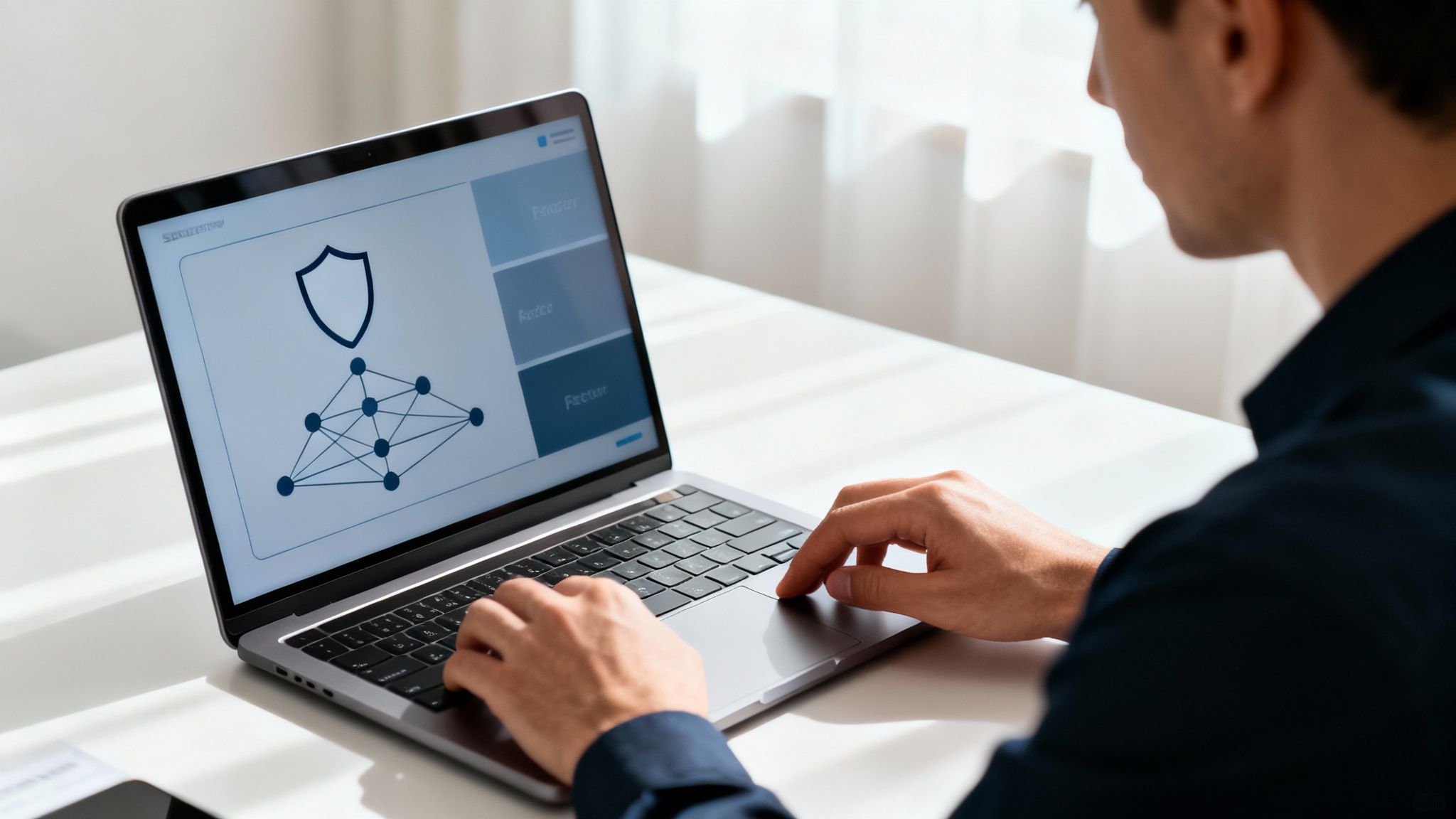 A person uses a laptop displaying a cybersecurity interface with a shield and network graph, highlighting a 'Recover' option.
