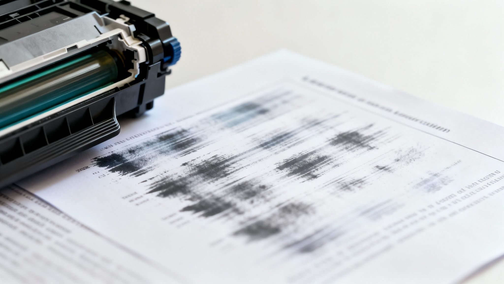 A laser printer toner cartridge rests on a document displaying smudged and faulty print.