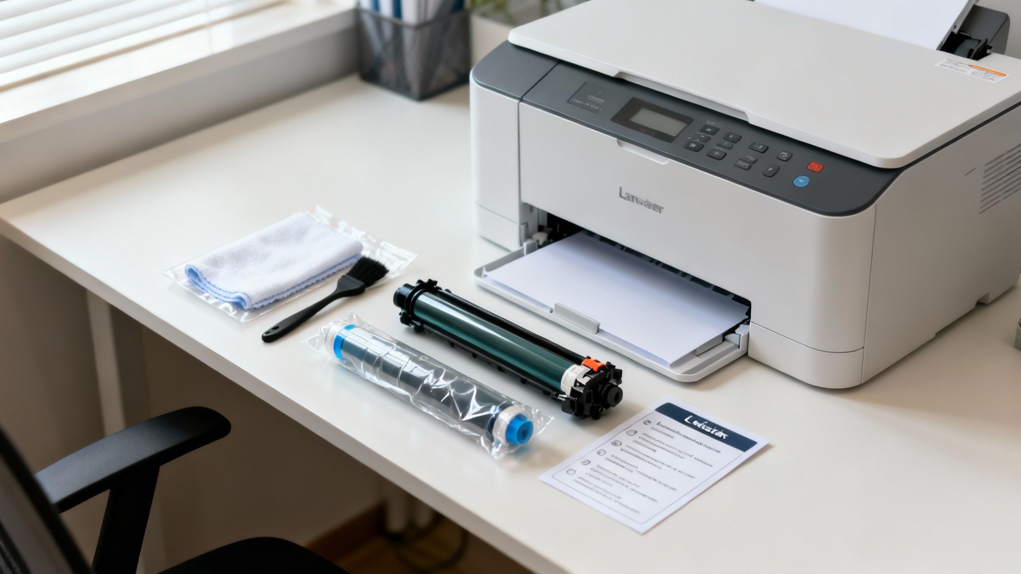 A white laser printer on a desk with new toner cartridges, cleaning supplies, and instructions.
