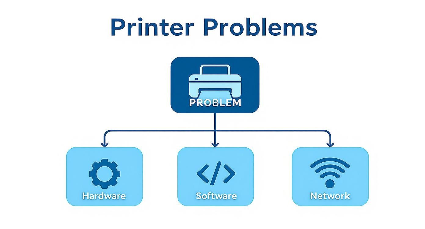 Flowchart illustrating common printer problems categorized into hardware, software, and network issues.