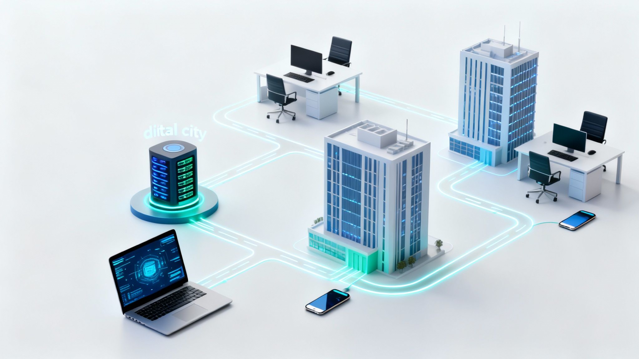 Digital city infrastructure with connected buildings, servers, laptops, and smartphones illustrating network services.