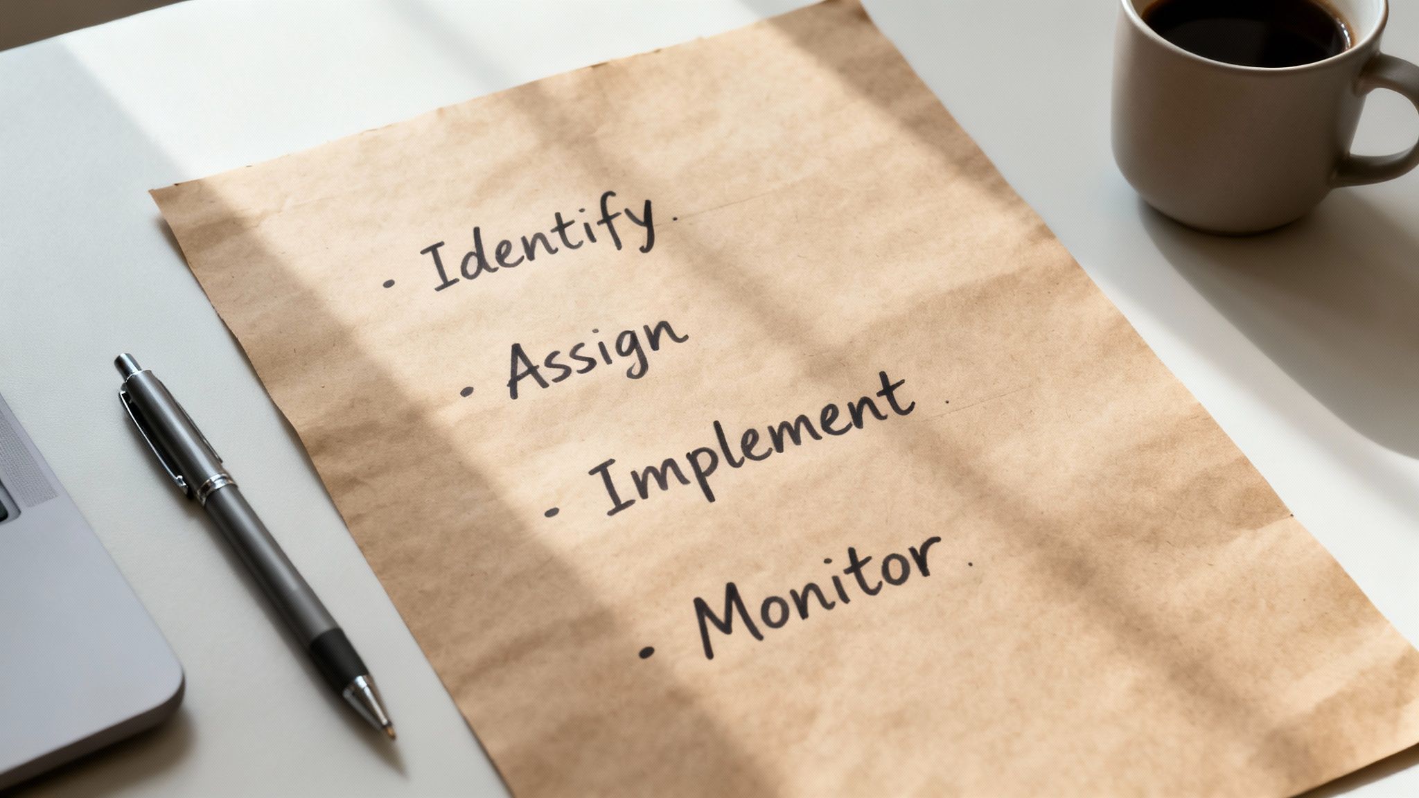 A handwritten list on brown paper with tasks: Identify, Assign, Implement, Monitor, next to a pen and coffee.